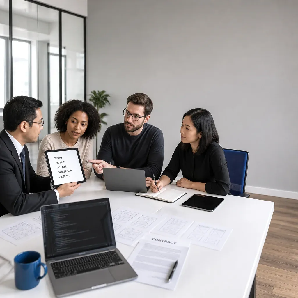 Team meeting and legal documents for a digital product